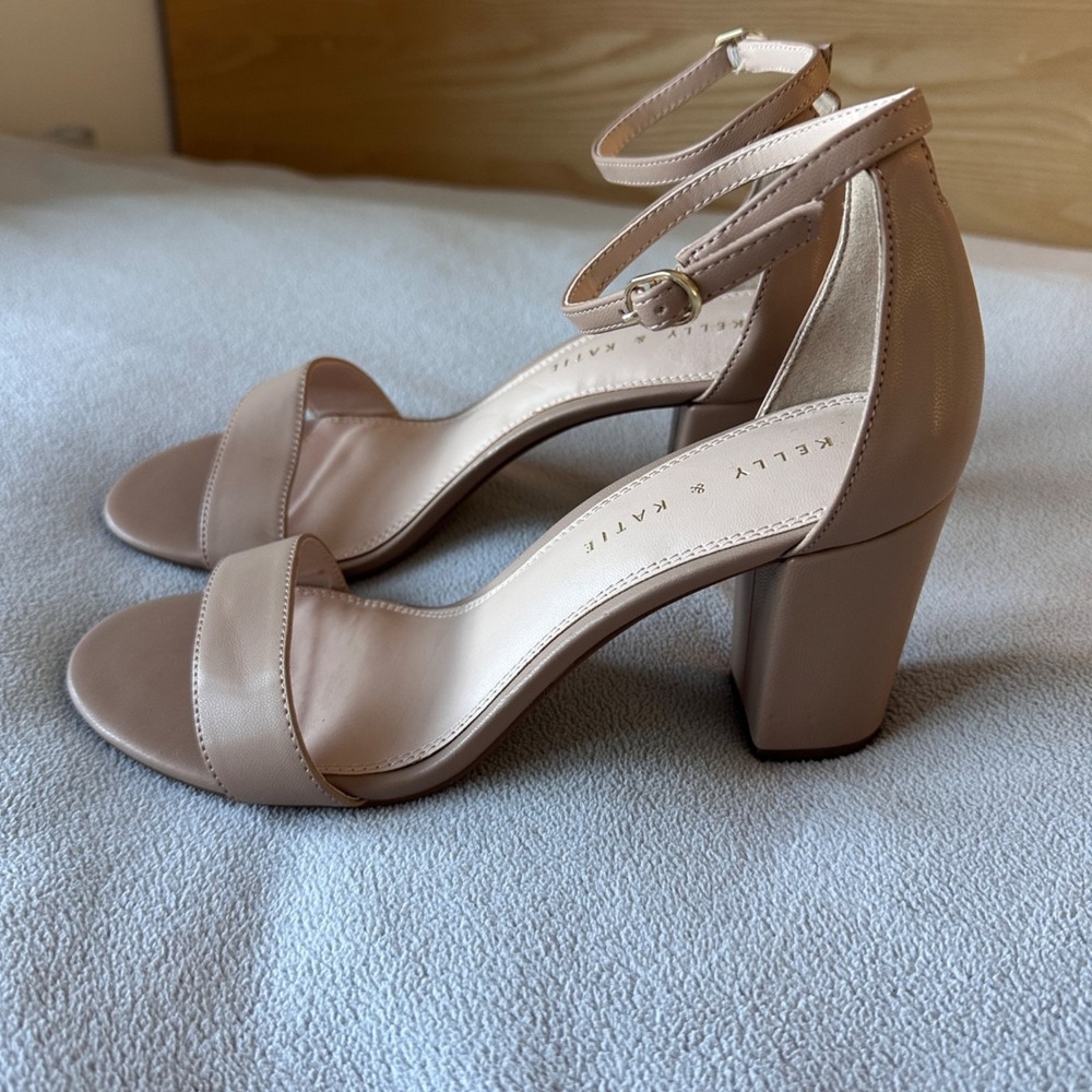 Kelly Katie Heel Sandal Womens 9.5 Leather Ankle Strap Nude Strappy Open Toe